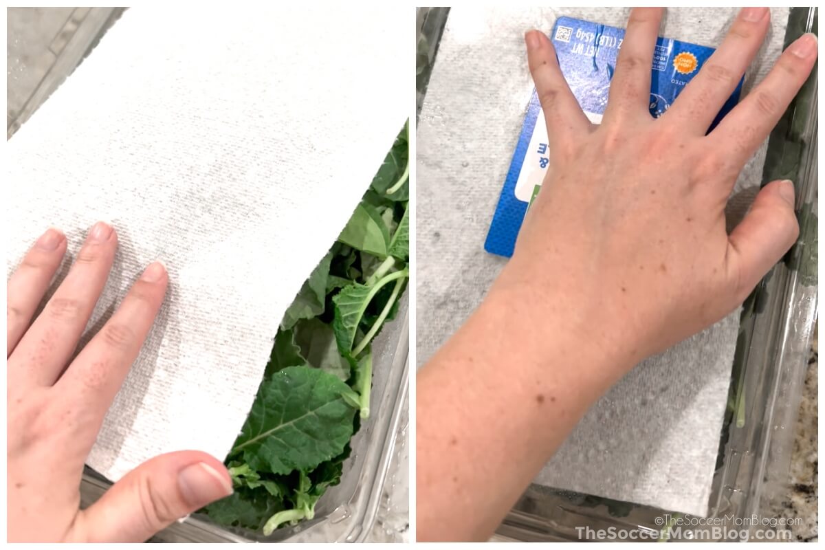 two photo collage showing putting a paper towel inside a box of lettuce