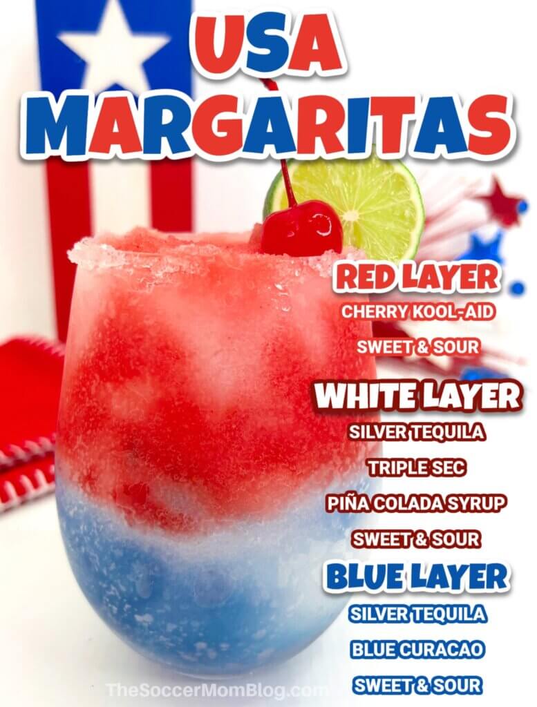red white and blue margarita, with text overlay of ingredients