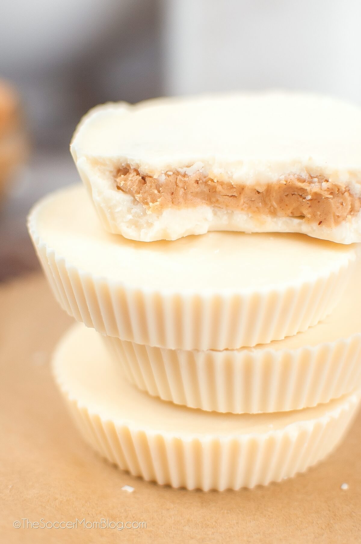 Close up of a stack of homemade White Chocolate Reese's Peanut Butter Cups