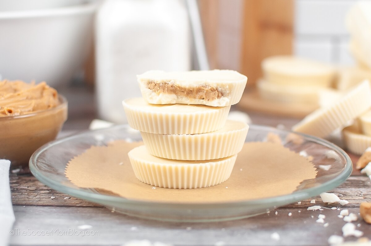 Reese's White Chocolate Peanut Butter Cups on a glass dish