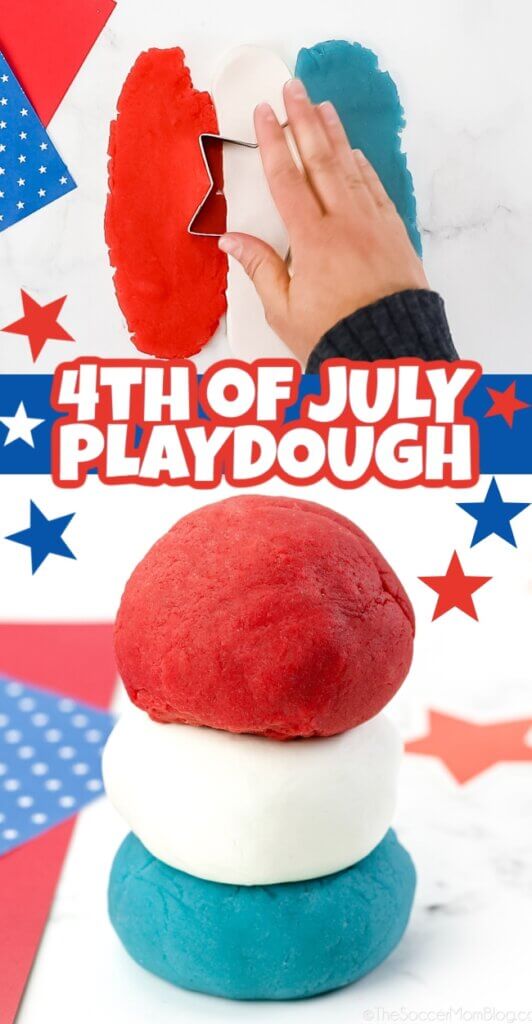 2 photo vertical Pinterest collage showing 4th of July playdough: rolled out flat, and stacked in 3 different color balls of dough