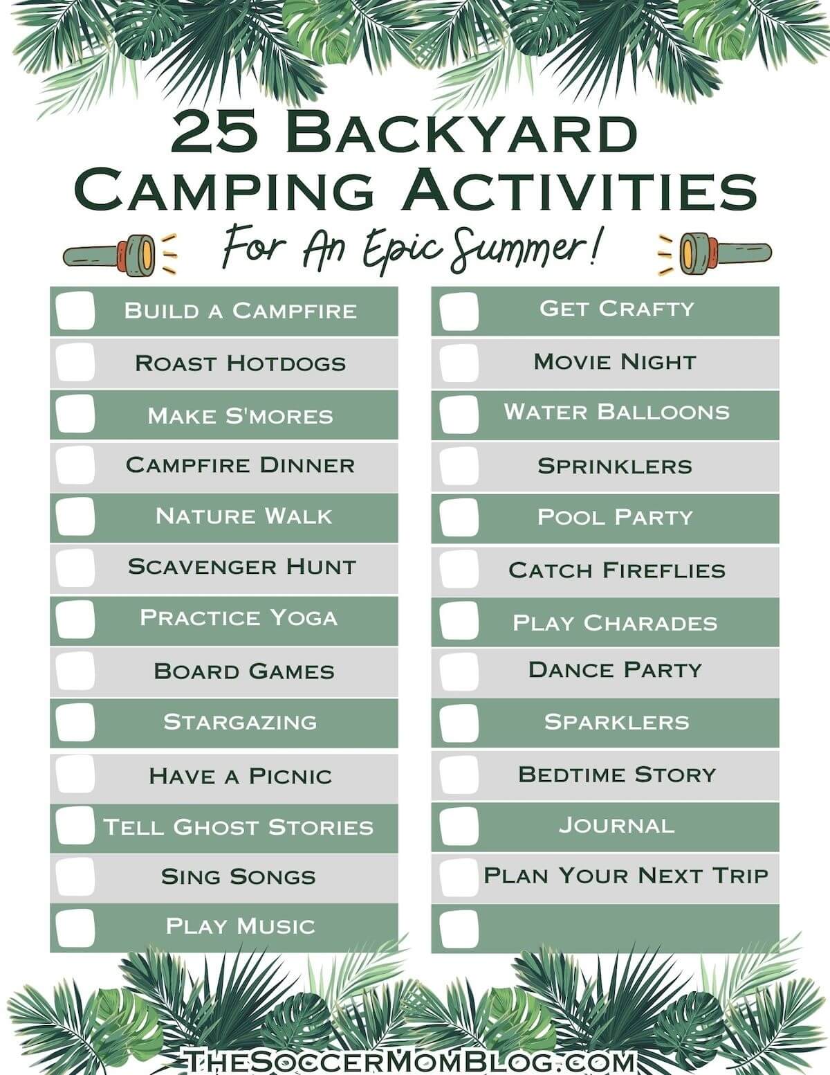 Backyard camping checklist with 25 ideas