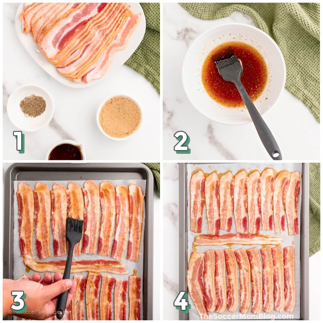4 step photo collage showing how to make candied bacon