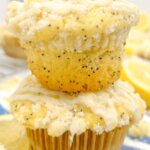 2 lemon poppyseed muffins stacked on top of each other