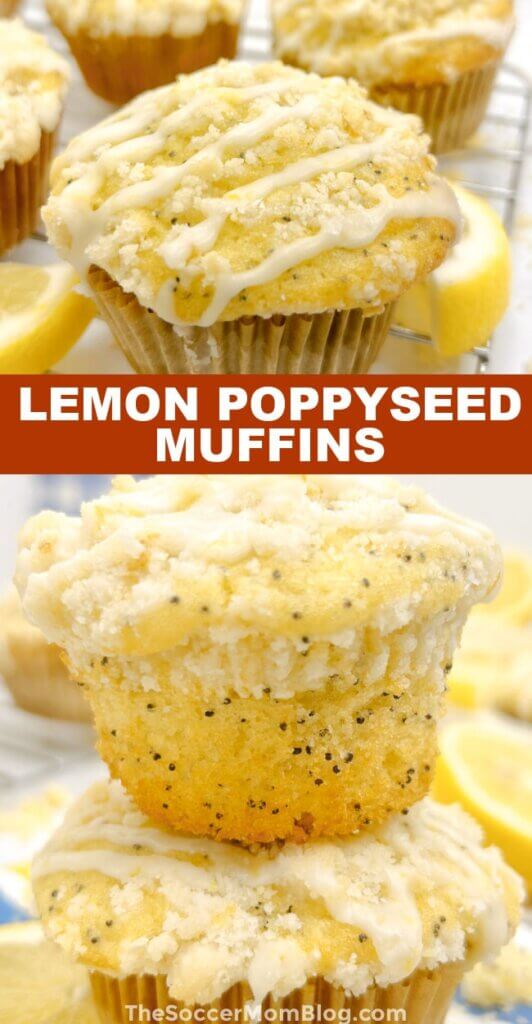 2 photo Pinterest collage showing different views of lemon poppyseed muffins, with text overlay of recipe title