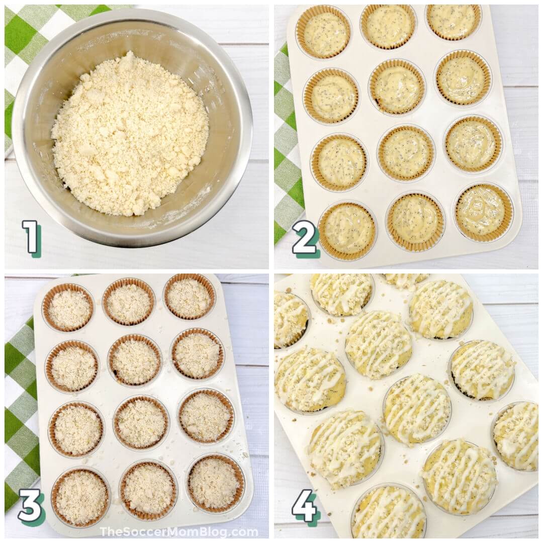 4 step photo collage showing how to make glazed lemon poppy seed muffins