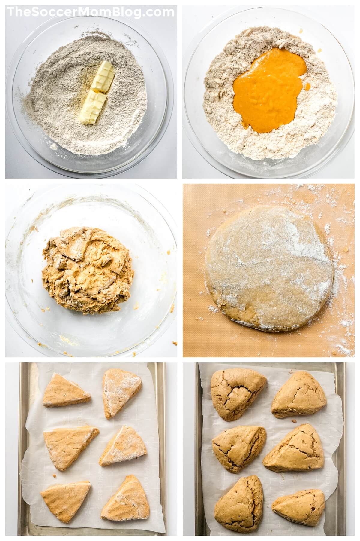6 photo Step by Step collage showing how to make starbucks pumpkin scones at home