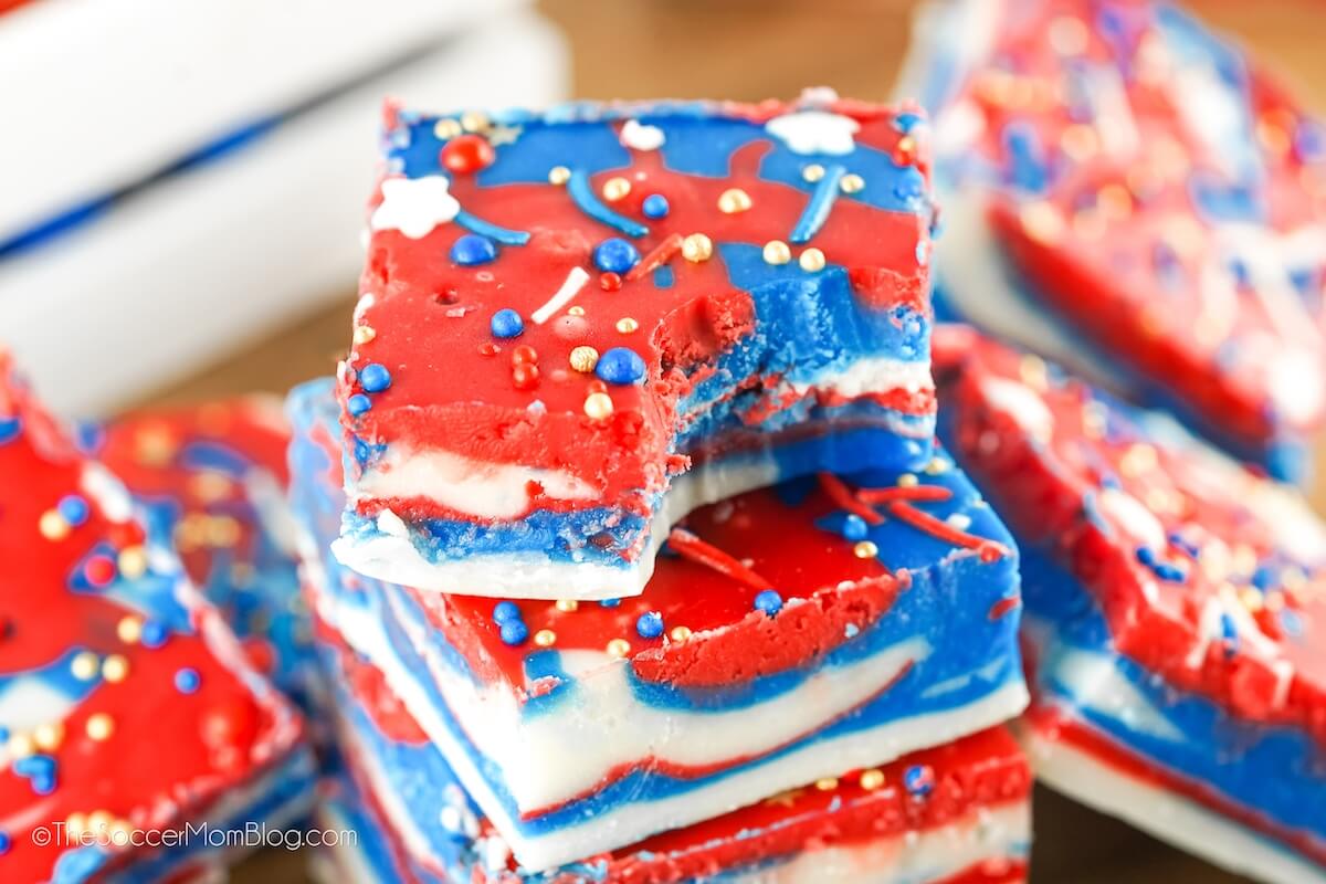 red white and blue fudge squares, piled up
