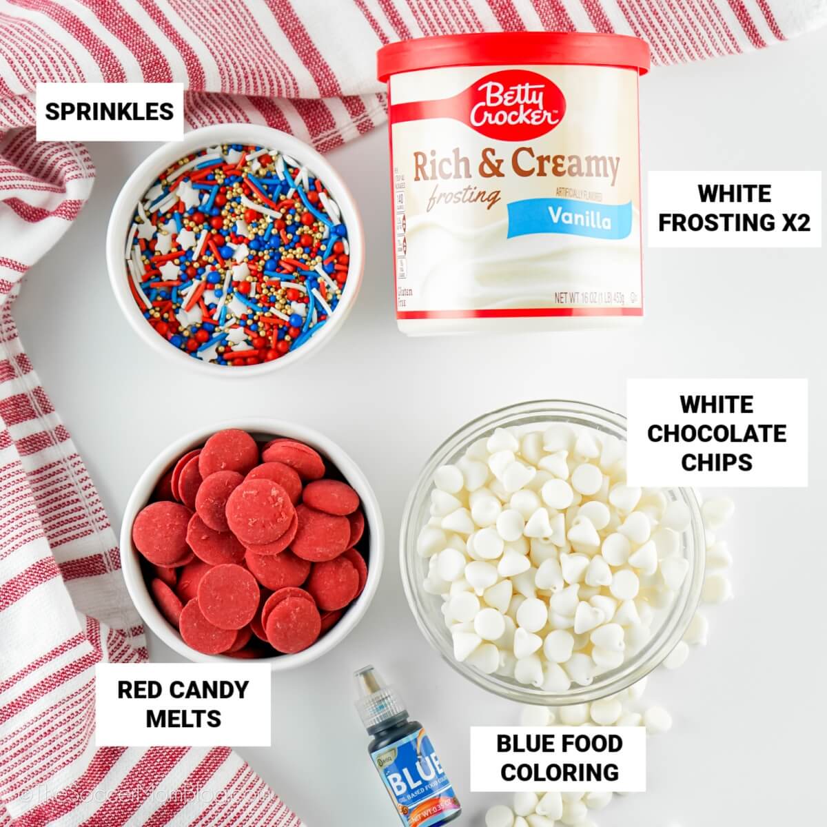 ingredients needed to make 4th of July fudge, with text overlay: sprinkles, white chocolate chips, white frosting, red candy melts, blue food coloring