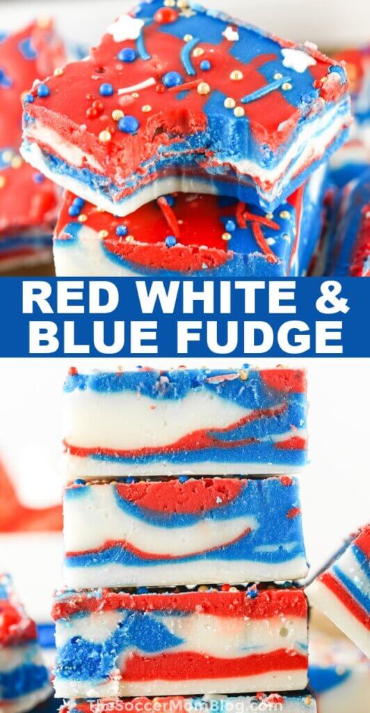 2photo vertical Pinterest image showing different angles of red, white, and blue fudge