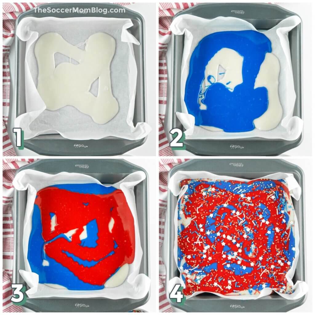 4 step photo collage showing how to make red white and blue swirled fudge