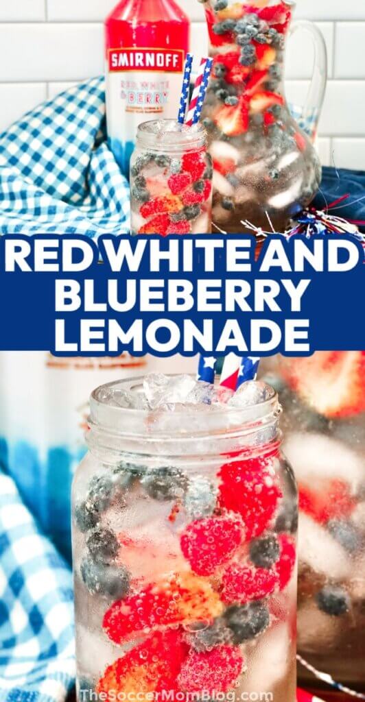 2 photo vertical Pinterest collage showing a red white and blueberry lemonade recipe, with recipe title text overlay