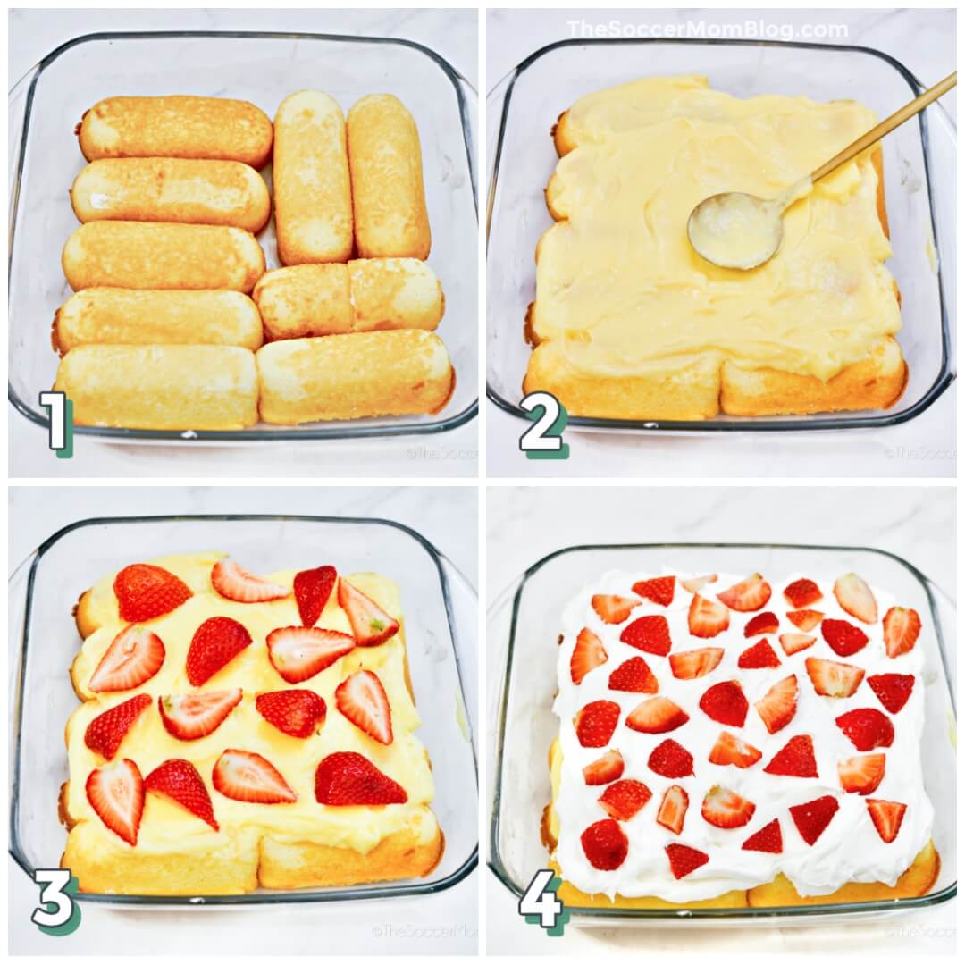 4 step photo collage showing how to layer a strawberry Twinkie cake