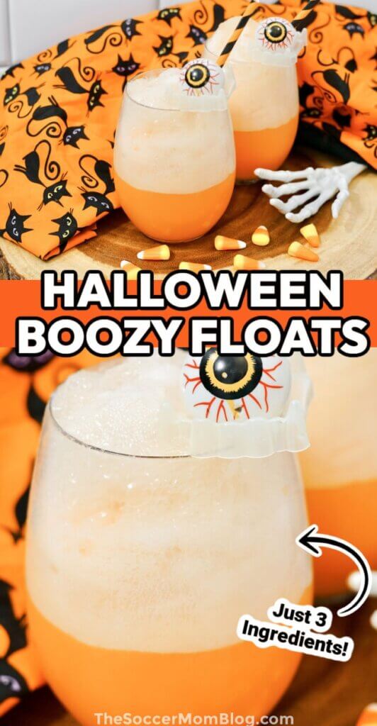 2 photo Pinterest vertical collage of orange ice cream floats; text overlay "Halloween Boozy Floats"