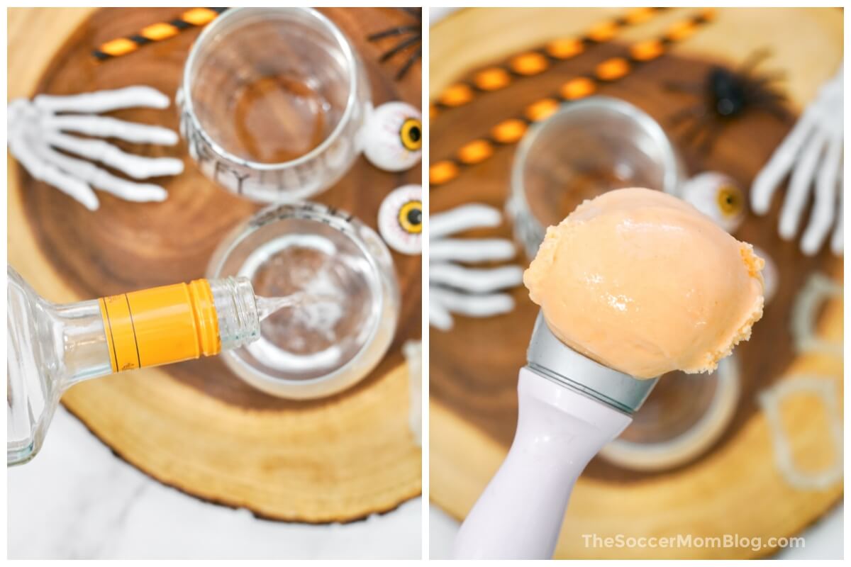 2 photo collage: pouring vodka into a clear glass and a scoop or orange sherbet