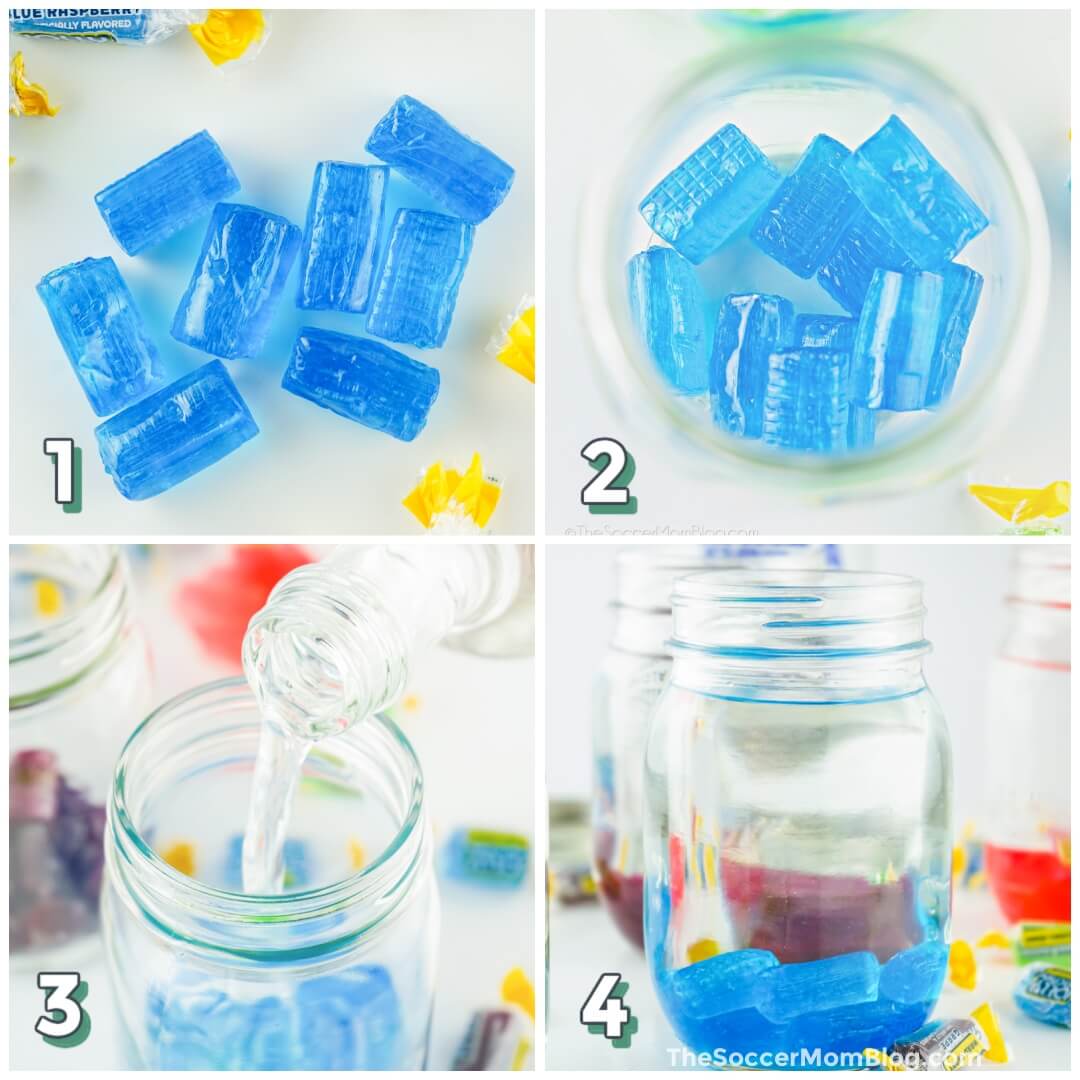 4 step photo collage showing how to make Jolly Rancher infused vodka