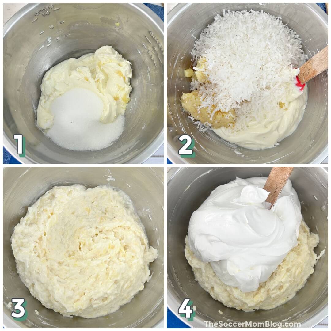 4 step photo collage showing how to make a piña colada no bake cheesecake batter