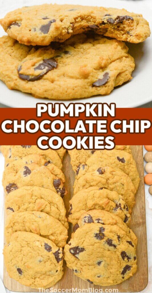 2 photo vertical Pinterest collage with text overlay: Pumpkin Chocolate Chip Cookies