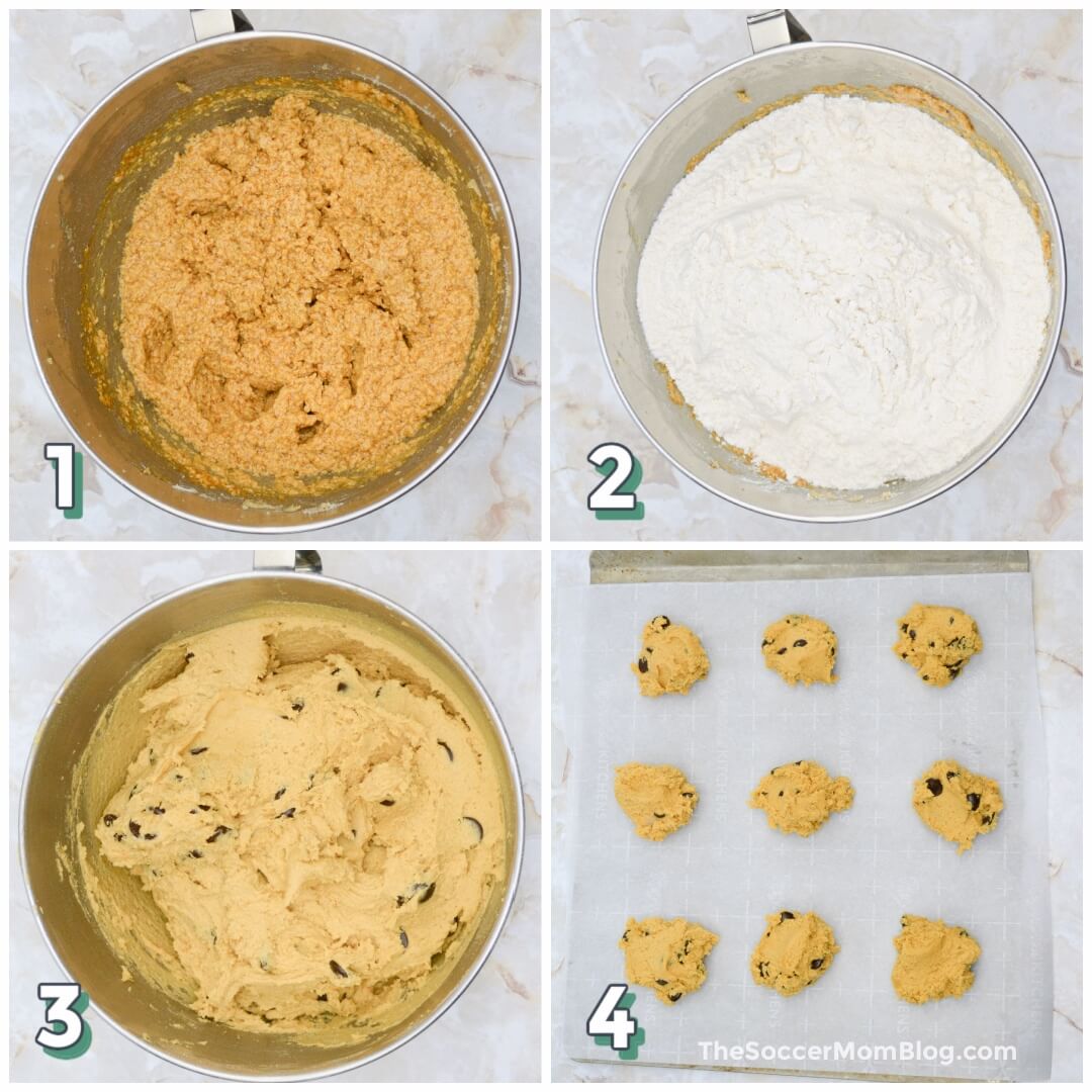 4 step photo collage showing how to make Pumpkin Chocolate Chip Cookies