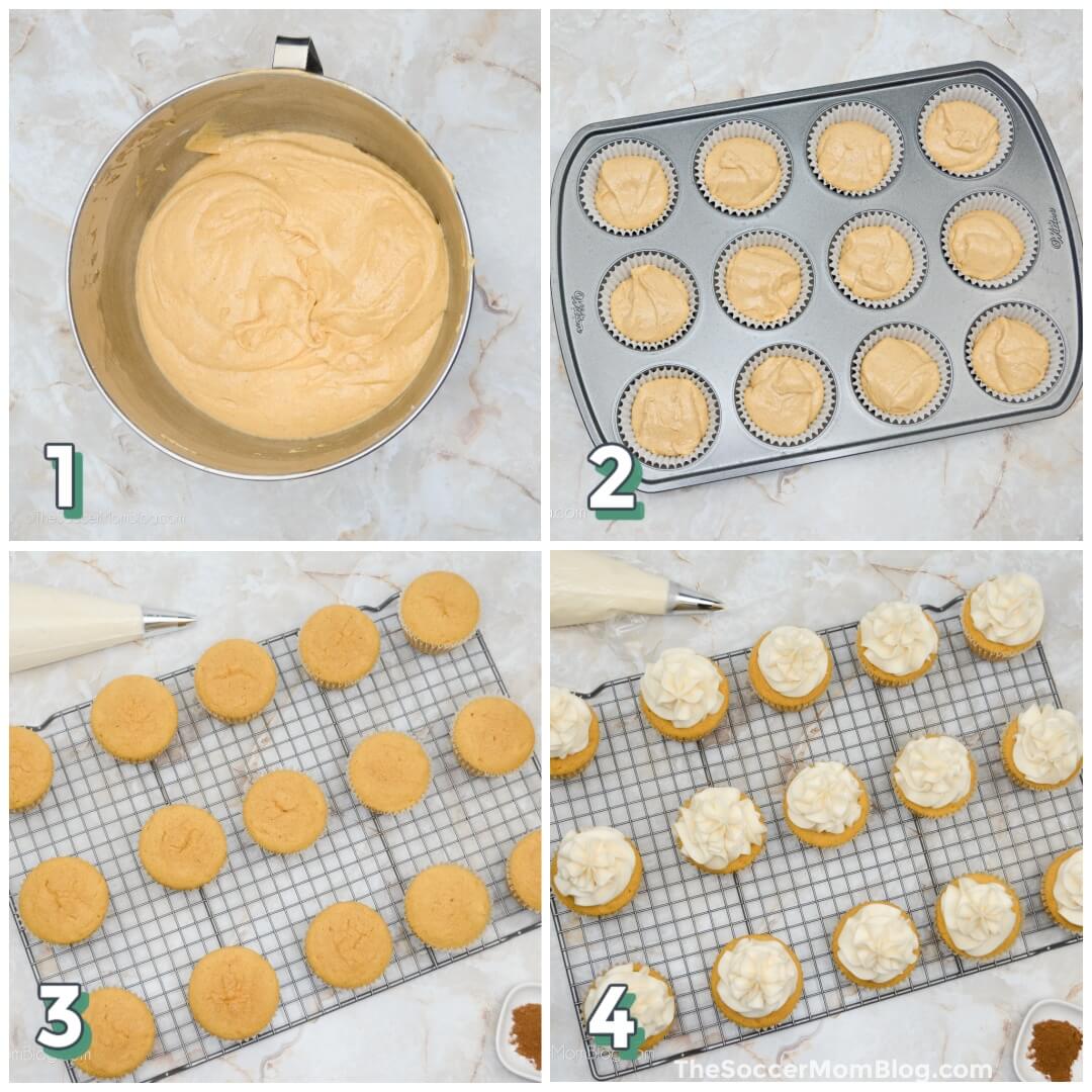 4 step photo collage showing how to make pumpkin cupcakes