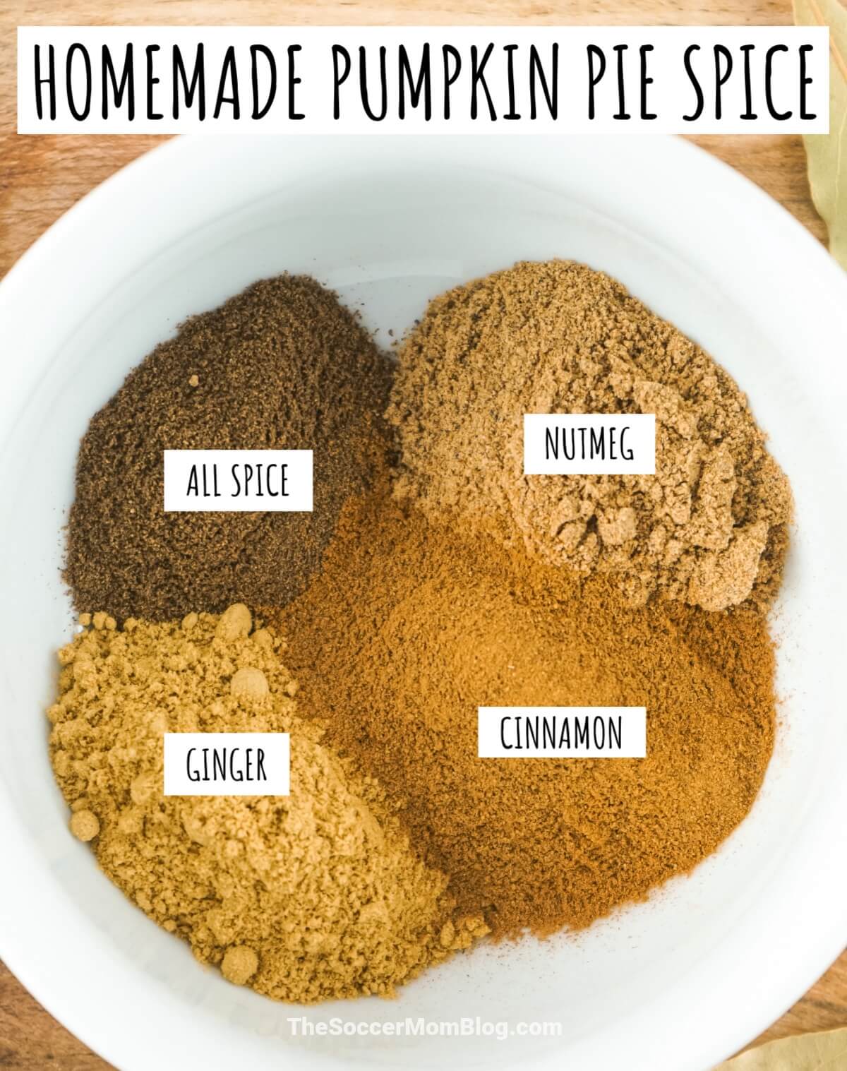 bowl of ingredients to make pumpkin spice blend: nutmeg, all spice, cinnamon, ginger
