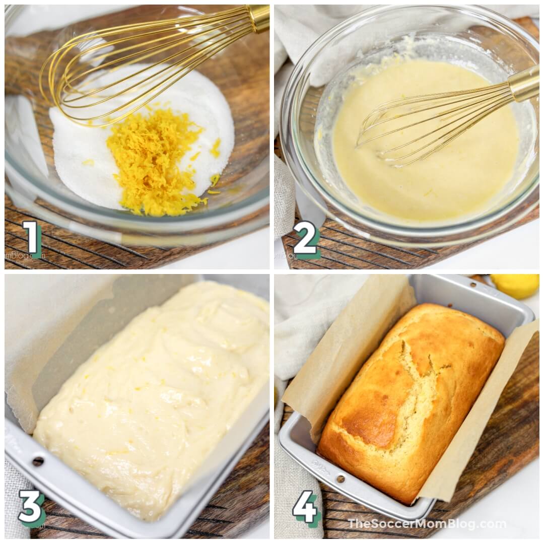 4 step photo collage showing how to bake a lemon pound cake