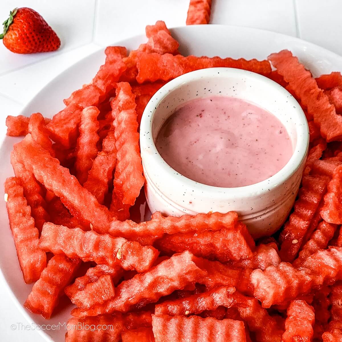 platter of watermelon fries with ramekin of strawberry yogurt dip