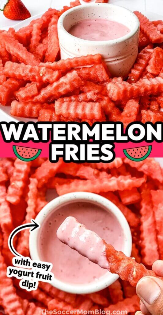 2 photo vertical Pinterest collage of watermelon sticks; text overlay "Watermelon Fries"
