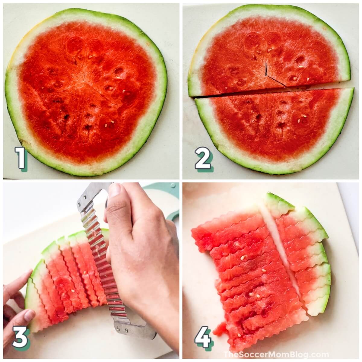 4 step photo collage showing how to make watermelon fries with a fresh watermelon