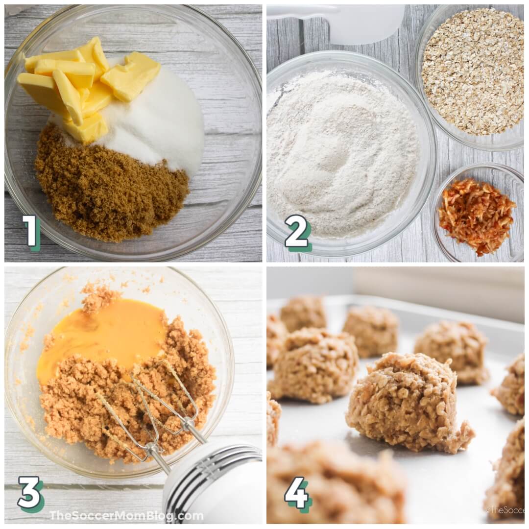 4 step photo collage showing how to make apple cinnamon oatmeal cookies