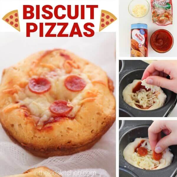 mini pizzas made from biscuit dough; text overlay "biscuit pizzas"