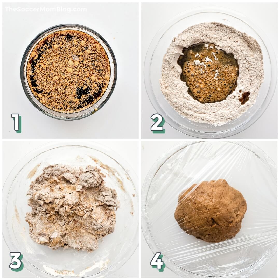 4 step photo collage showing how to make homemade brown bread dough.