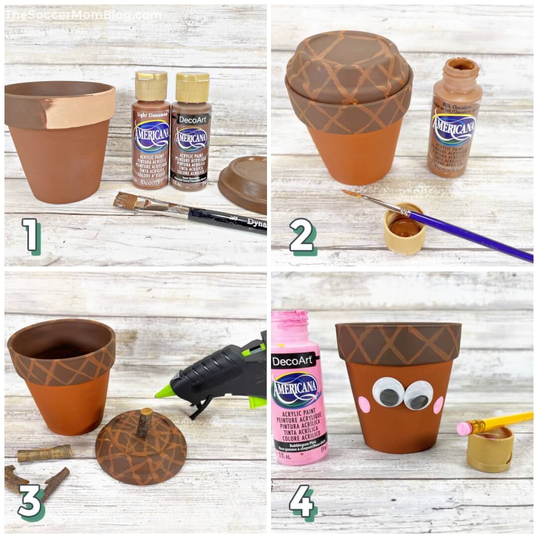 4 step photo collage showing how to paint a small flower pot to look like an acorn, with a smiley face