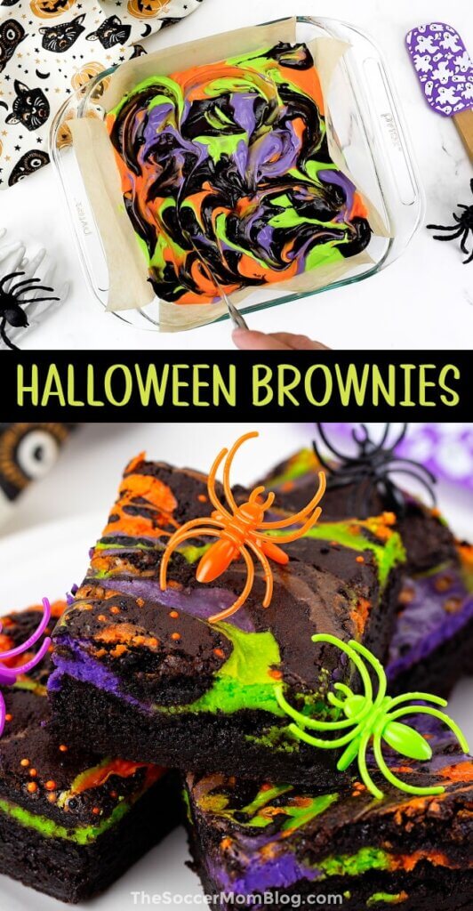 2 photo vertical Pinterest collage of Halloween brownies with orange, green, and purple cheesecake swirl, with text overlay of recipe name.