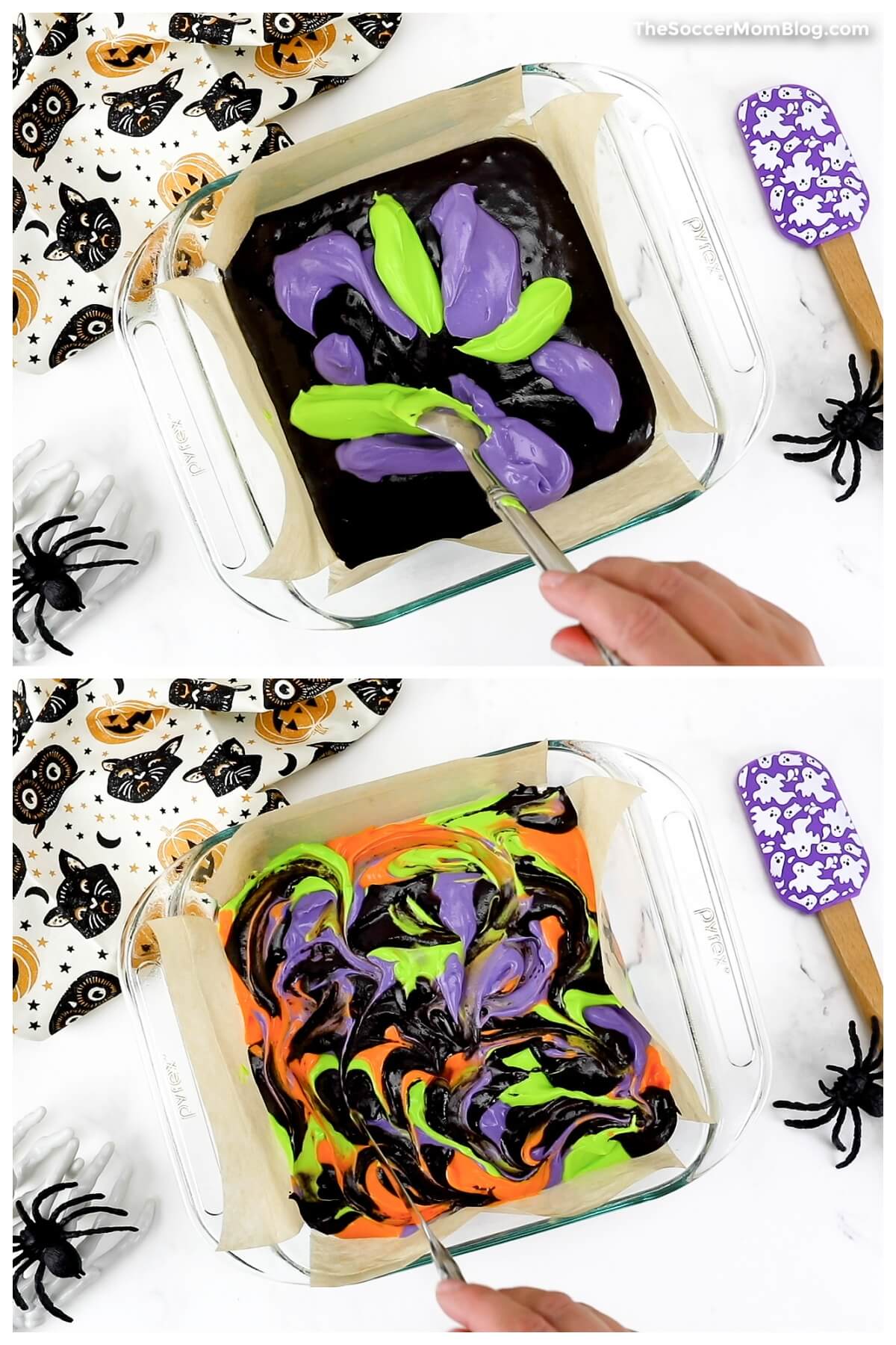 2 photo collage showing how to swirl colorful cheesecake batter into Halloween themed brownies.