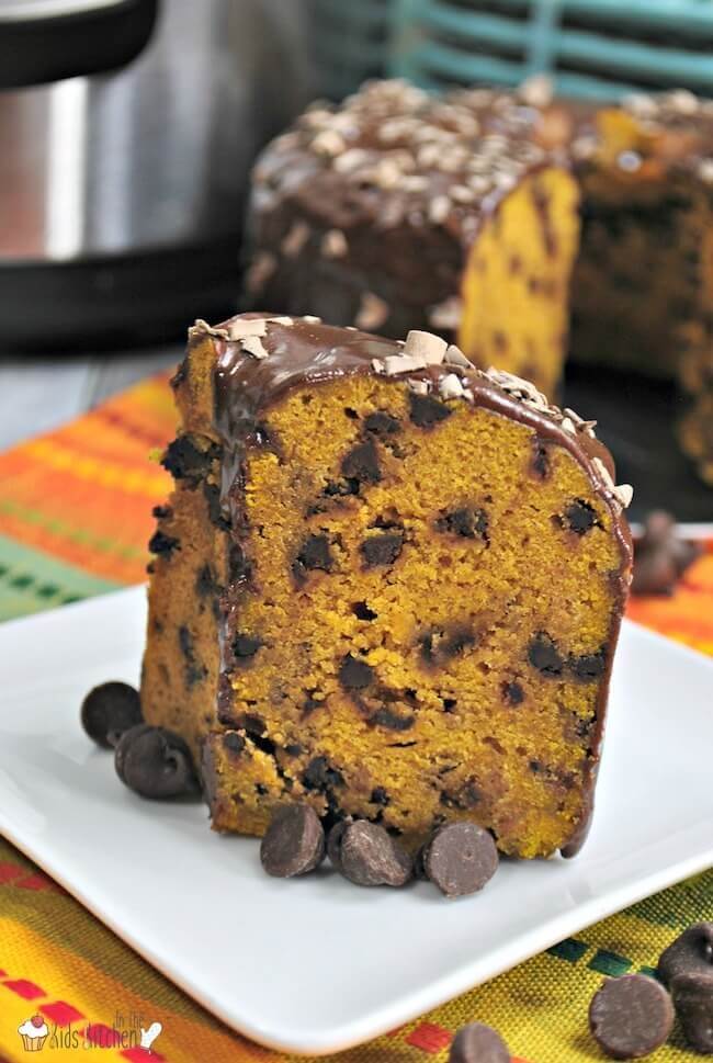 slice of pumpkin cake with chocolate chips, Instant Pot in background