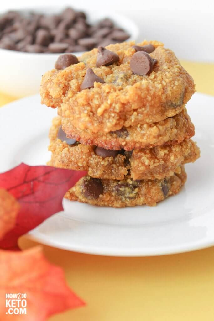 Keto Pumpkin Chocolate Chip Cookies, 4 stacked on a plate