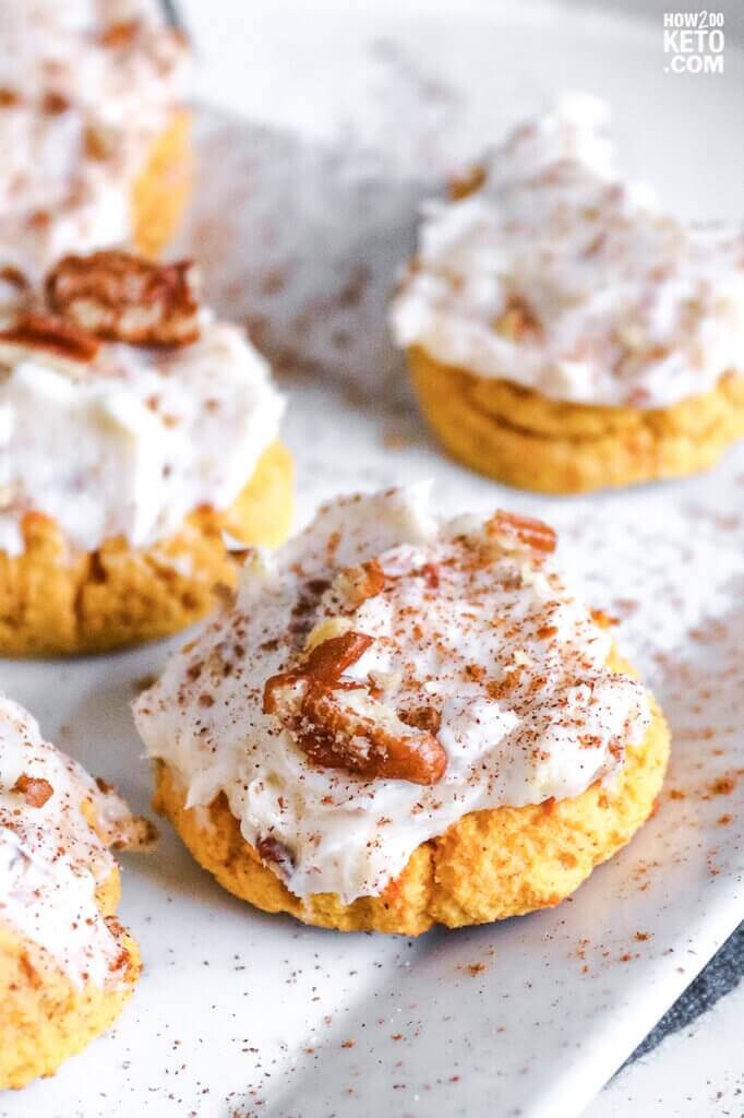 Keto Pumpkin Cookies with Cream Cheese Frosting, close up