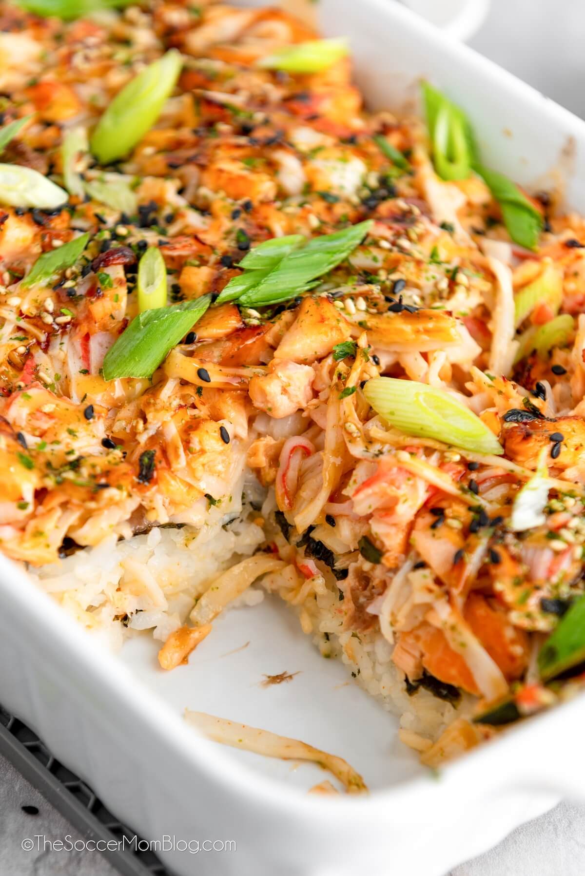 Salmon Sushi Bake, close up, with one serving missing
