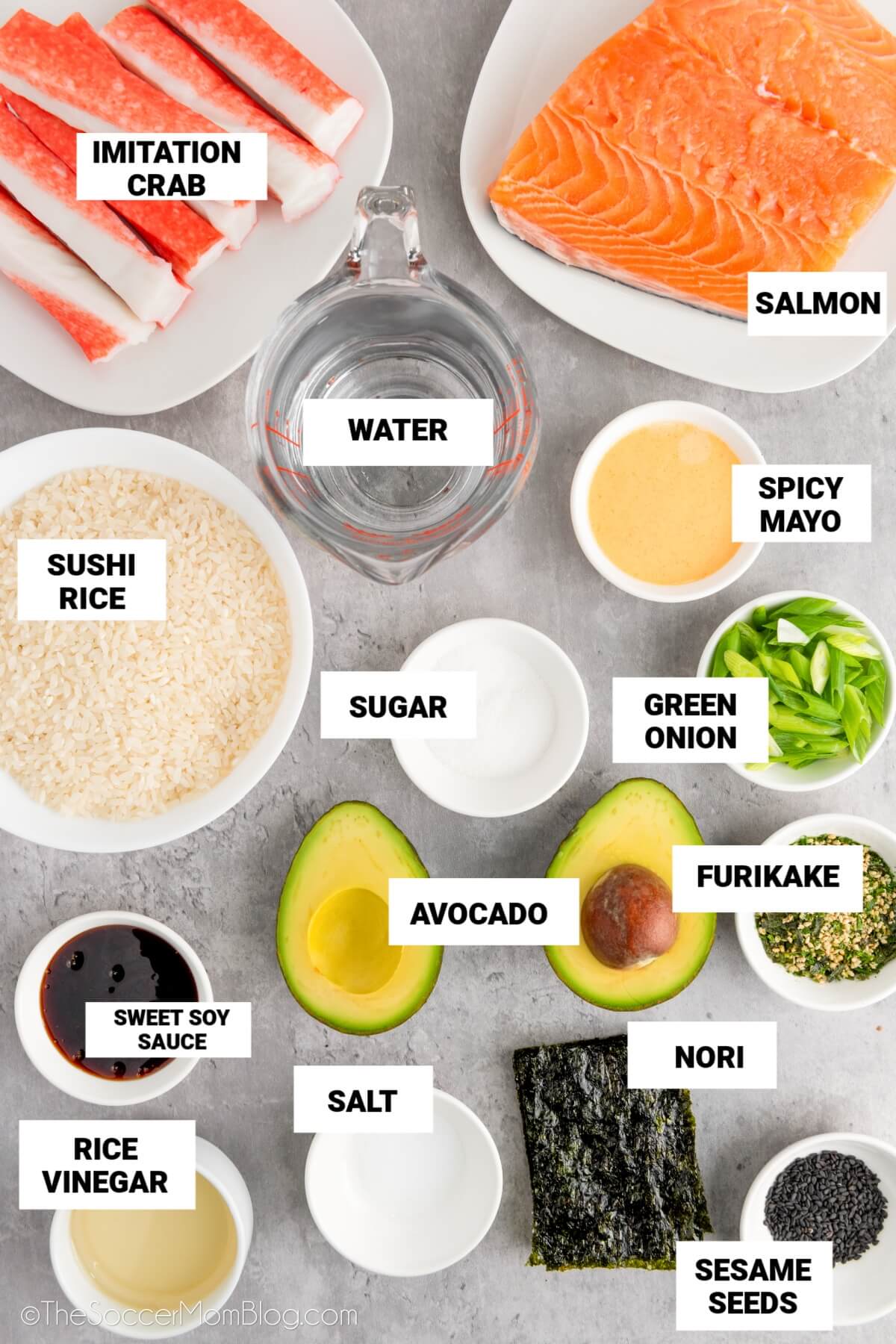 Salmon Sushi Bake Ingredients, with text labels