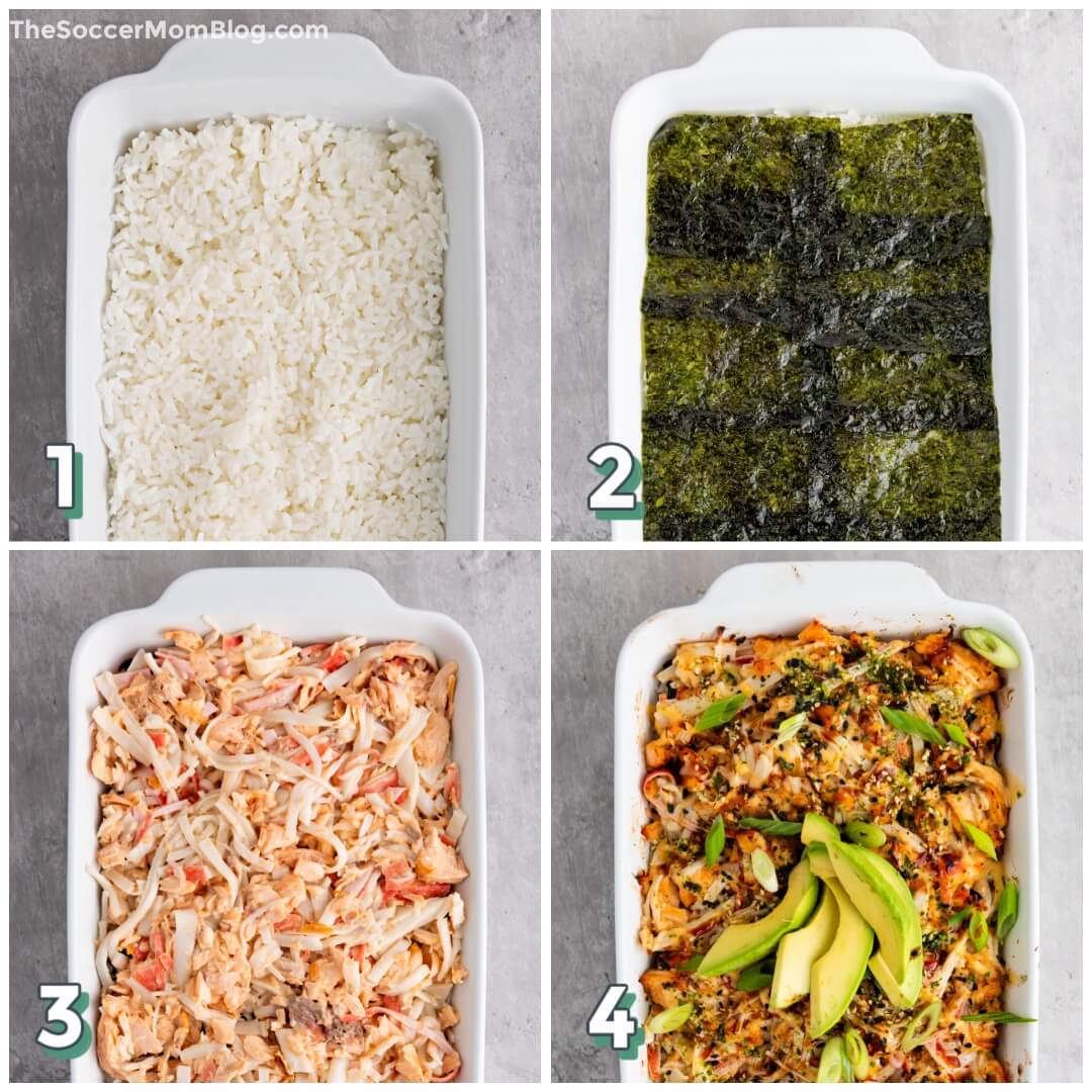 Salmon Sushi Bake Step by Step, 4 photos showing how to layer
