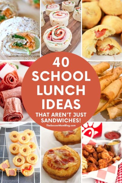 collage image of kid themed lunch ideas; text overlay "40 School Lunch Ideas that aren't just sandwiches"