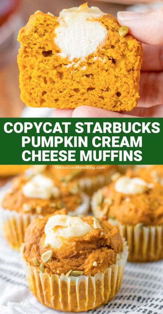 2 photo vertical Pinterest image of Copycat Starbucks Pumpkin Cream Cheese Muffins
