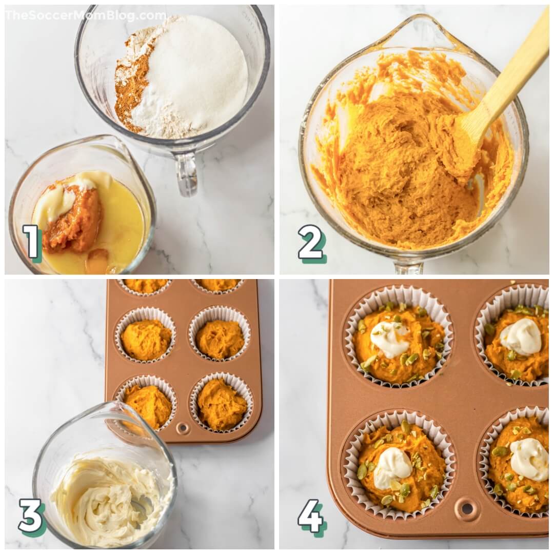 4 step photo collage showing how to make pumpkin cream cheese muffins