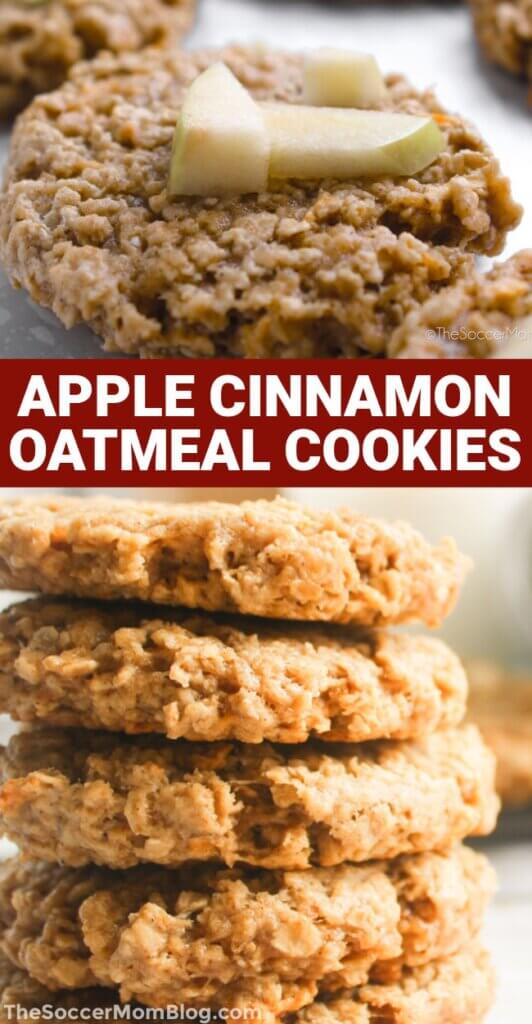 2 photo Pinterest vertical collage of homemade oatmeal cookies; text overlay "Apple Cinnamon Oatmeal Cookies"