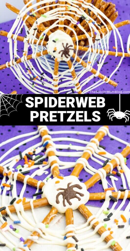 2 photo vertical Pinterest collage showing spiderweb treats made with pretzel sticks; text overlay "Spiderweb Pretzels"