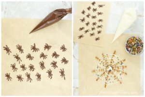 2 photo collage showing how to draw spiders and spiderwebs with chocolate and white chocolate
