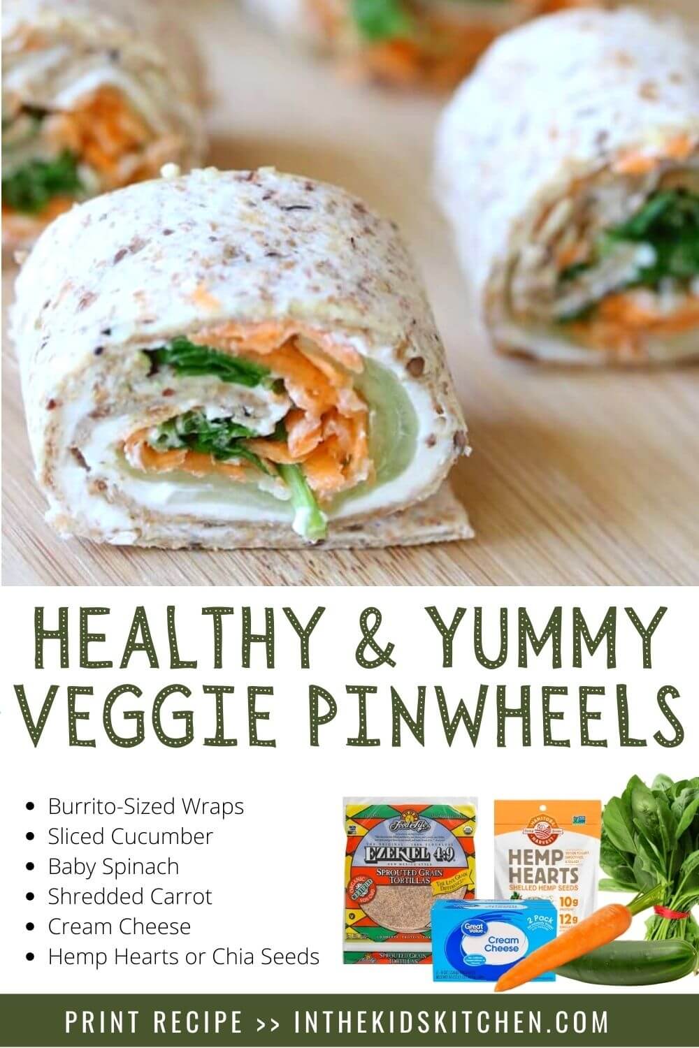 graphic with a photo of veggie pinwheels and a list of their ingredients
