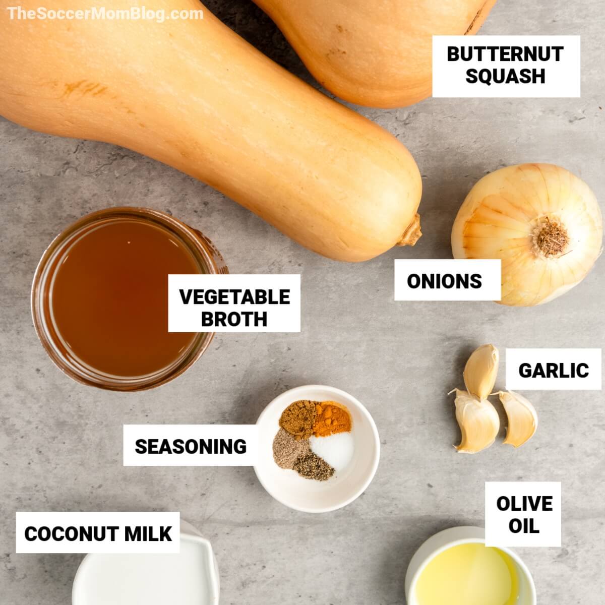 Butternut Squash Soup ingredients: butternut squash, onions, vegetable broth, garlic, olive oil, coconut milk, seasoning.