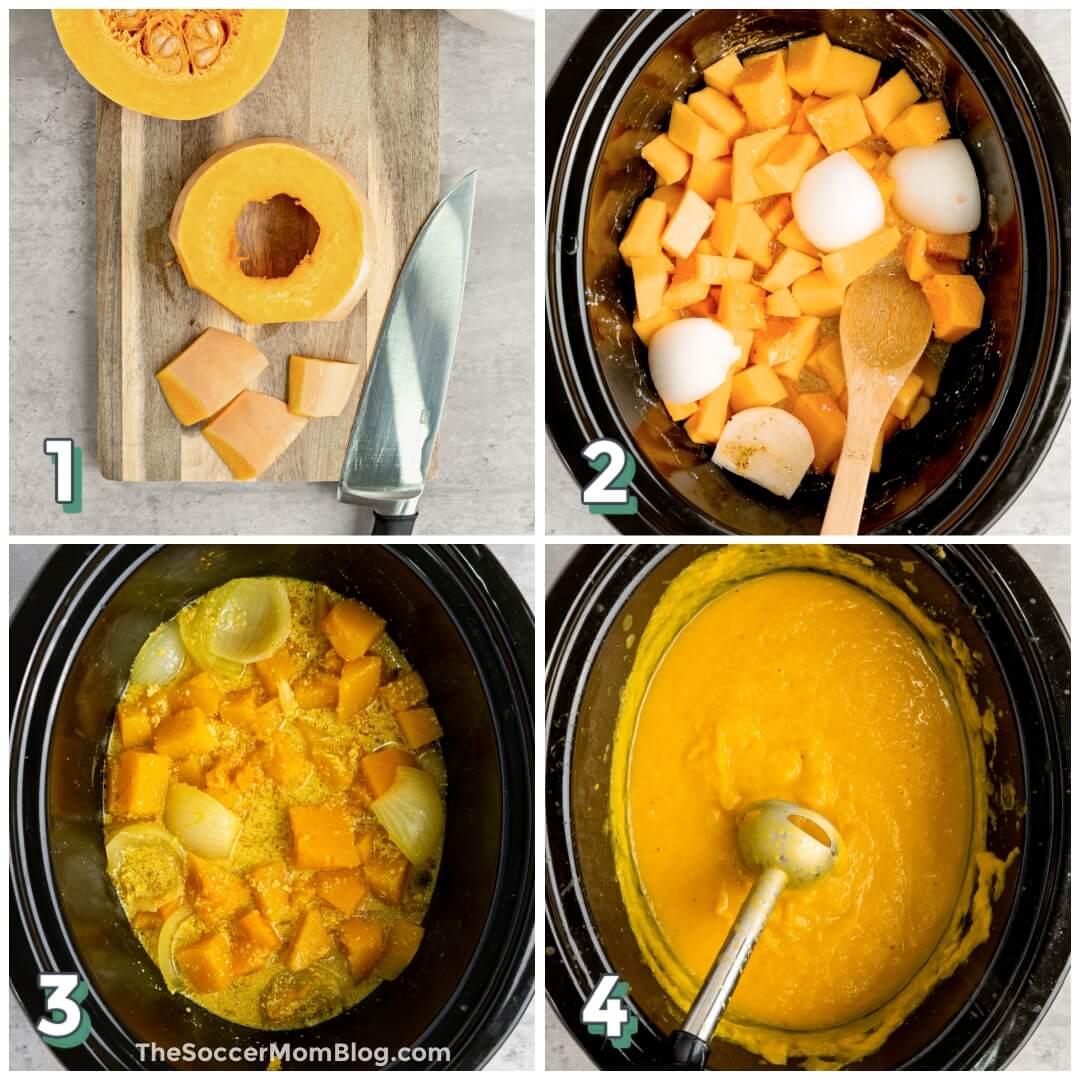 4-step photo collage showing how to make butternut squash soup in a slow cooker.